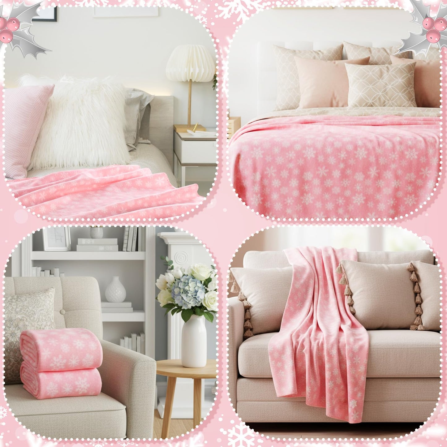 Moukeren 24 Pcs Christmas Snowflake Throw Blanket Bulk, 59 x 47 Inch Xmas Winter Throw Blanket Christmas Warm Soft Cozy Fleece for Home Bedding Couch Chair Gift (Pink)