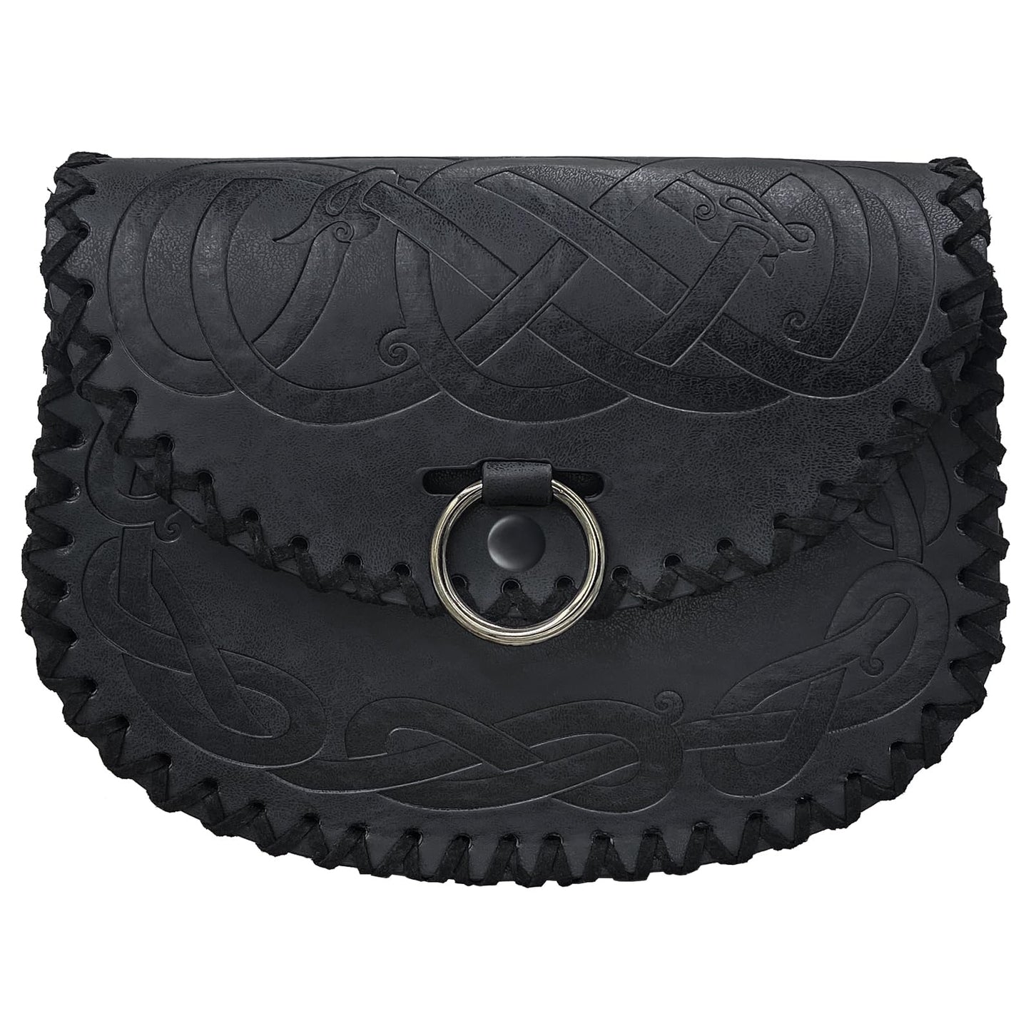 HiiFeuer Viking Embossed Belt Bag, Vintage Medieval Faux Leather Side Pack, Middle Ages Portable Belt Pouch For LARP Ren Faire (Black A)