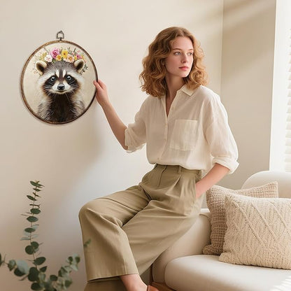 HUGANE Funny Floral Wreath Raccoon Round Wall Art Decor, Rustic Flower Racoon Trash Panda Hanging Canvas Framed Prints Wall Sculptures for Nursery Kids Room Home Bedroom Decor, 10x10 Inch