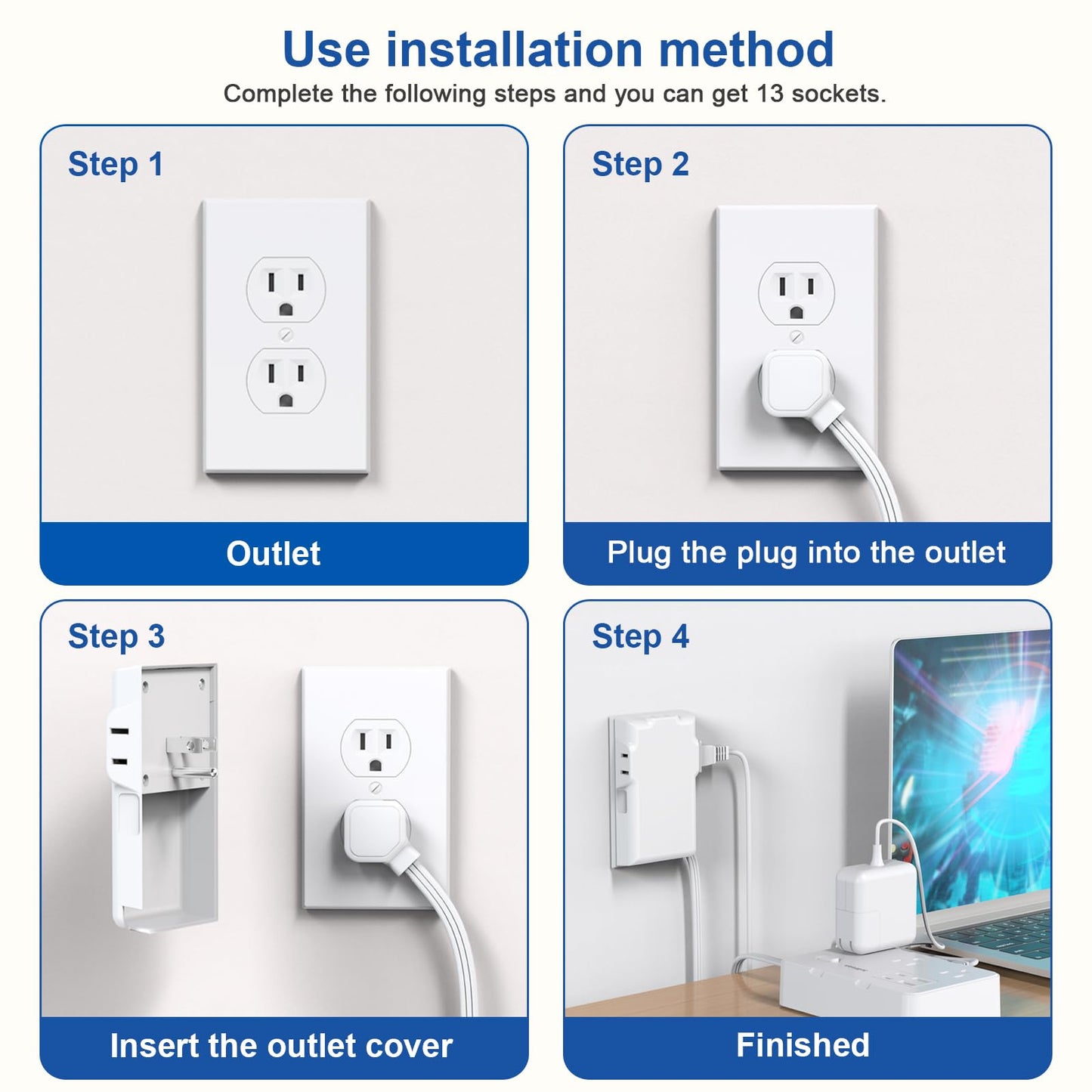 Flat Plug Power Strip Surge Protector, 5ft Ultra Thin Extension Cord with 4 USB Wall Charger(2 USB C Port), 6 Widely-Spaced Outlets Power Strip Compact for Travel, Office, Dorm Room Essentials (White)