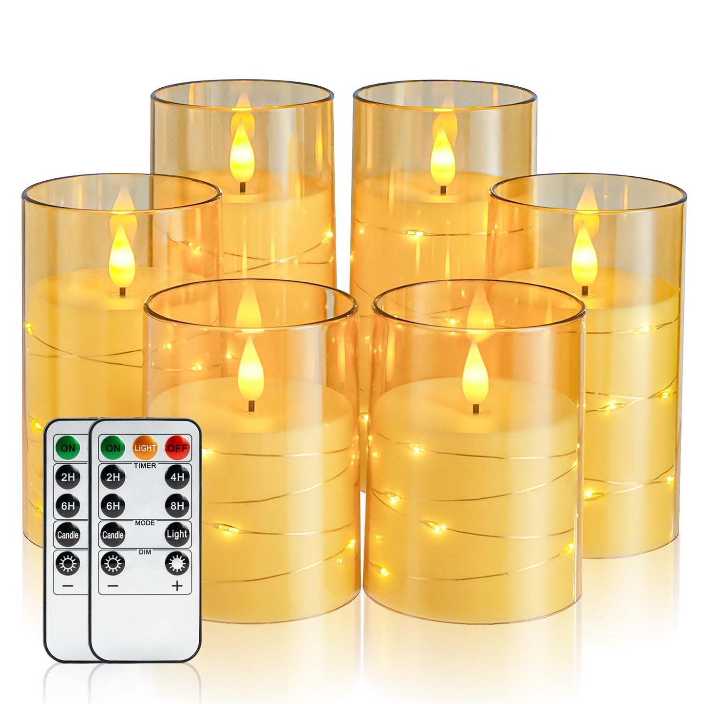 Amagic Flameless Candles, Flickering Battery Operated Candles Embedded Fairy String Light, Realistic Pillar Candle with Remote Control and Timer, Acrylic Amber Gold, Set of 6, D3 x H4 5" 6"