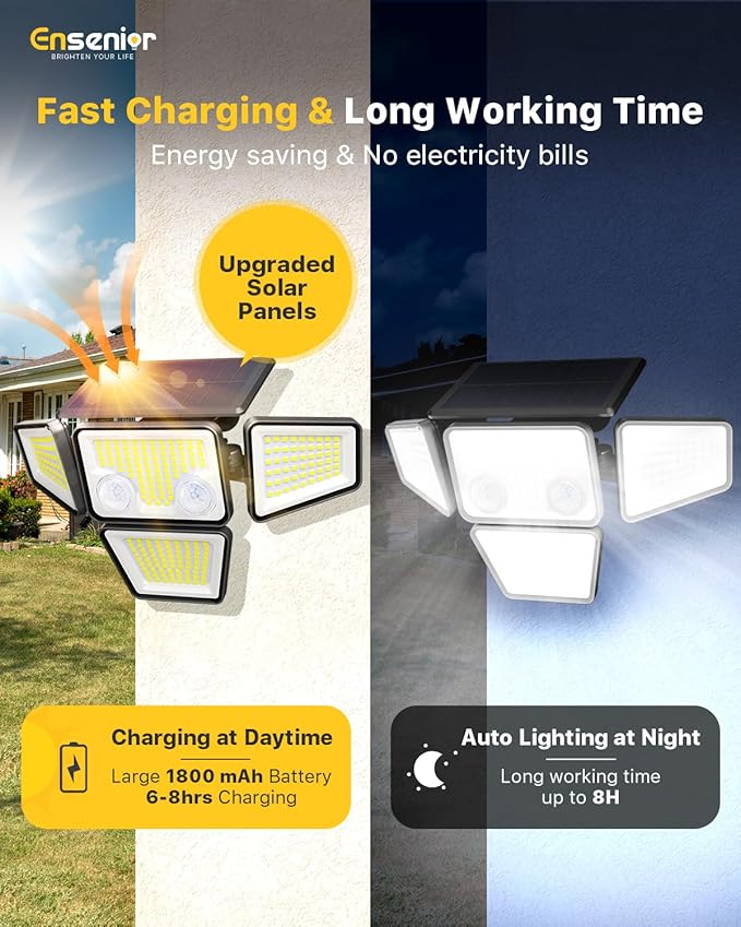 Ensenior Solar Lights Outdoor, IP65 Waterproof Motion Sensor Outdoor Light with Remote Control, 279 LED 4 Heads Solar Security Light with 4 Mode, 270° Wide Angle Solar Flood Light for Outside, 2 Packs