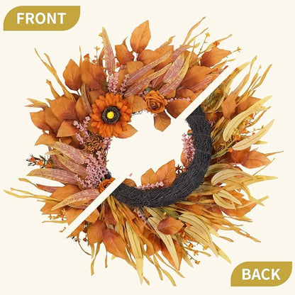 Fall Wreaths for Front Door 26 Inch, Front Door Wreath with Sunflowers Roses and Realistic Full Leaves, Outdoor Wreaths for Front Door Porch Farmhouse Home Harvest Thanksgiving Decor
