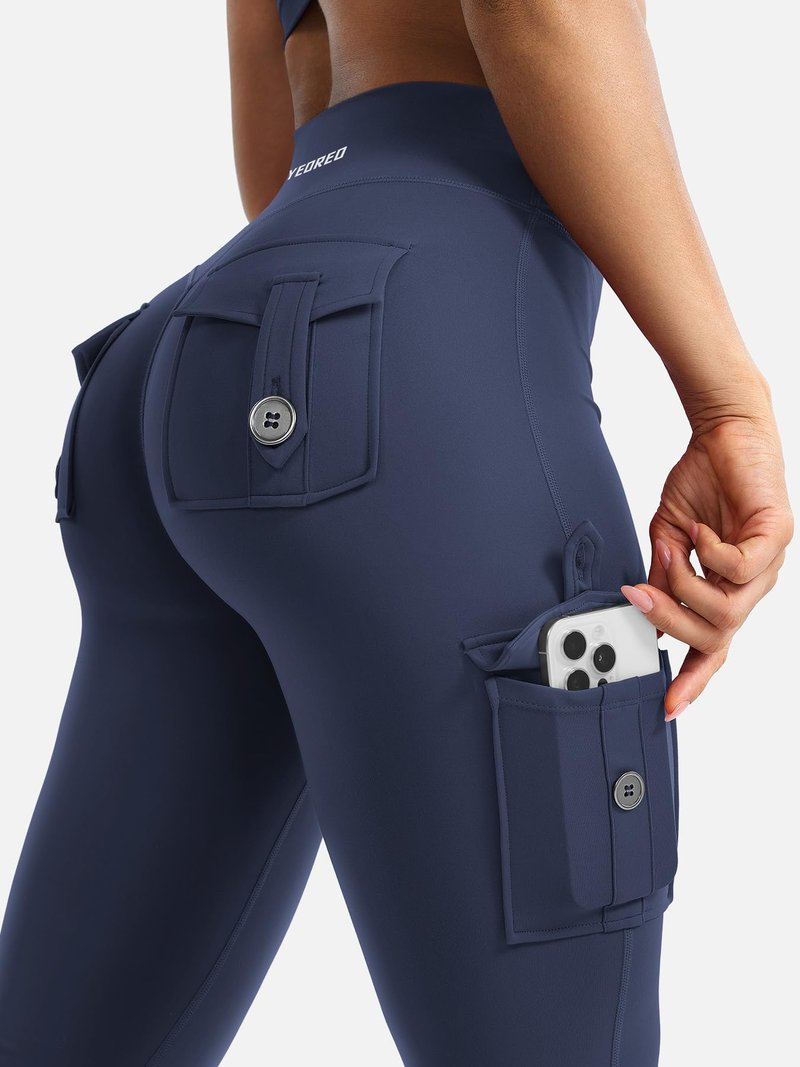 YEOREO CoreFlex Women Workout Flare Leggings with Pockets Hidden Scrunch High Waisted Cargo Gym Yoga Leggings Navy S