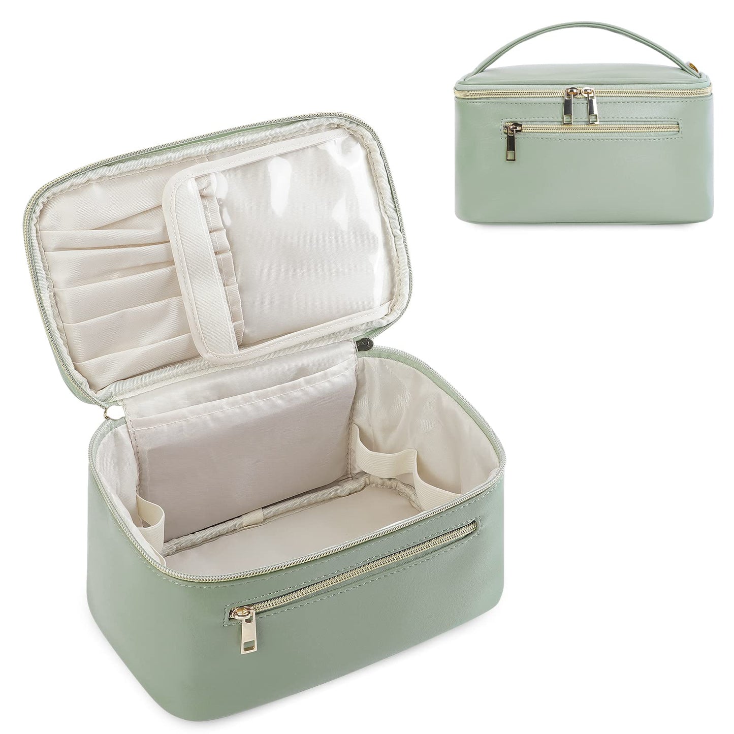 Wandering Nature Makeup Bag, Travel Make Up Organizer Cosmetic Brush Bags Case for Women in Eco Vegan Leather, Green & Quilted Fabric, Black(Patent Pending)