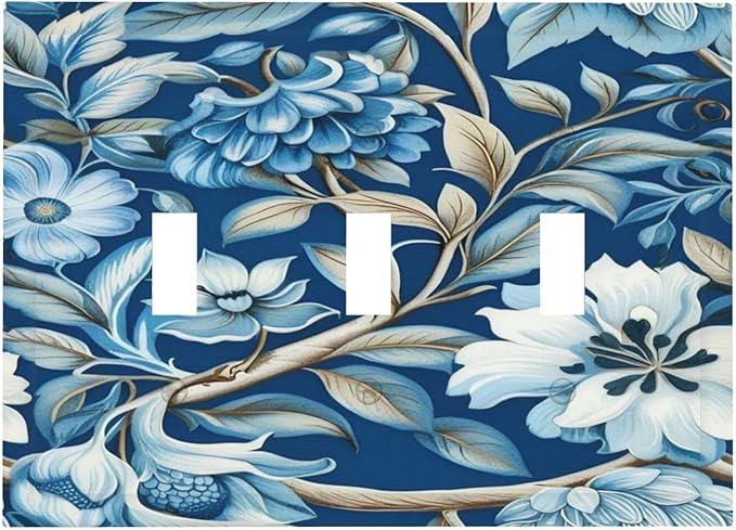 Blue Flowers Branches Leaves Floral Pattern Light Switch Covers 3 Gang Triple Toggle Wall Plate Decorative Switchplate Electrical Faceplate for Farmhouse Living Decor