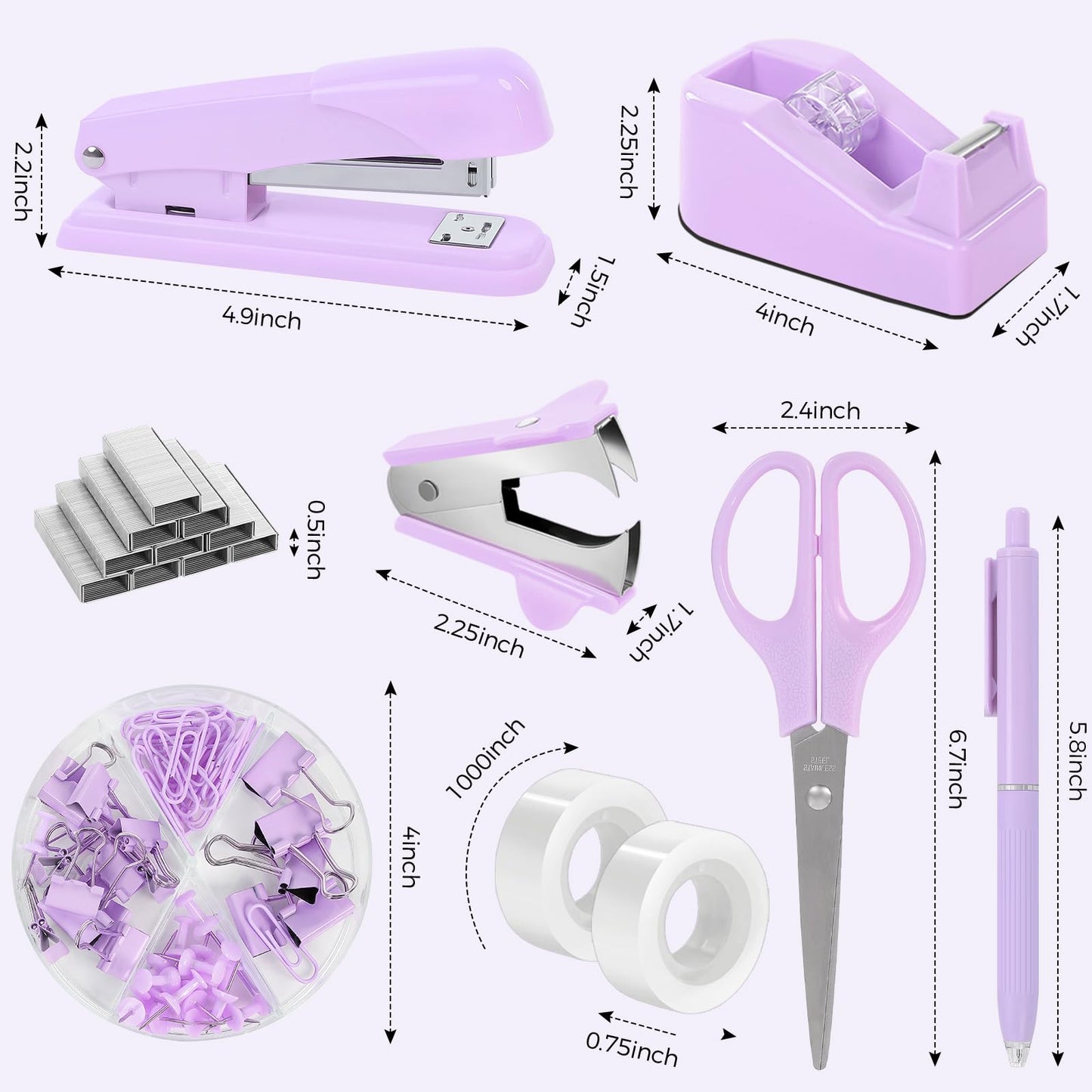 SKYDUE Purple Desk Accessories, Purple Office Supplies Set, Stapler, Tape Dispenser, Scissors, Binder/Paper Clips and 1000pcs Staples,Office Supplies for Women