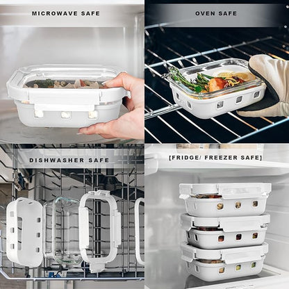 GENICOOK Glass Food Storage Meal Prep Containers - Food Grade Silicone Wrap & Air Release Vent, Rectangular shape - 8 Pc Set (4 Containers - 4 Matching Lids)