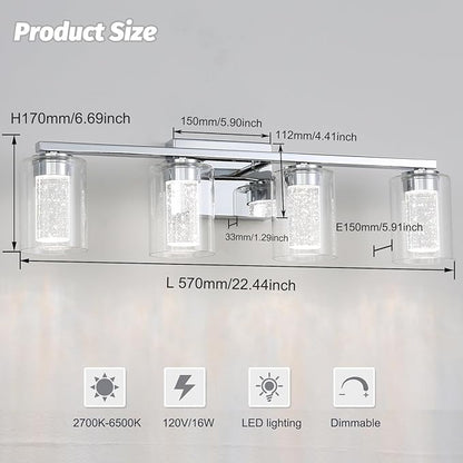 4 Light Chrome Bathroom Light Fixture, Dimmable 5CCT Chromes Bathroom Vanity Lights, 2700K-6500K Modern Crystal Bubble LED Wall Sconce Over Mirror with Clear Glass for Bedroom, Living Room