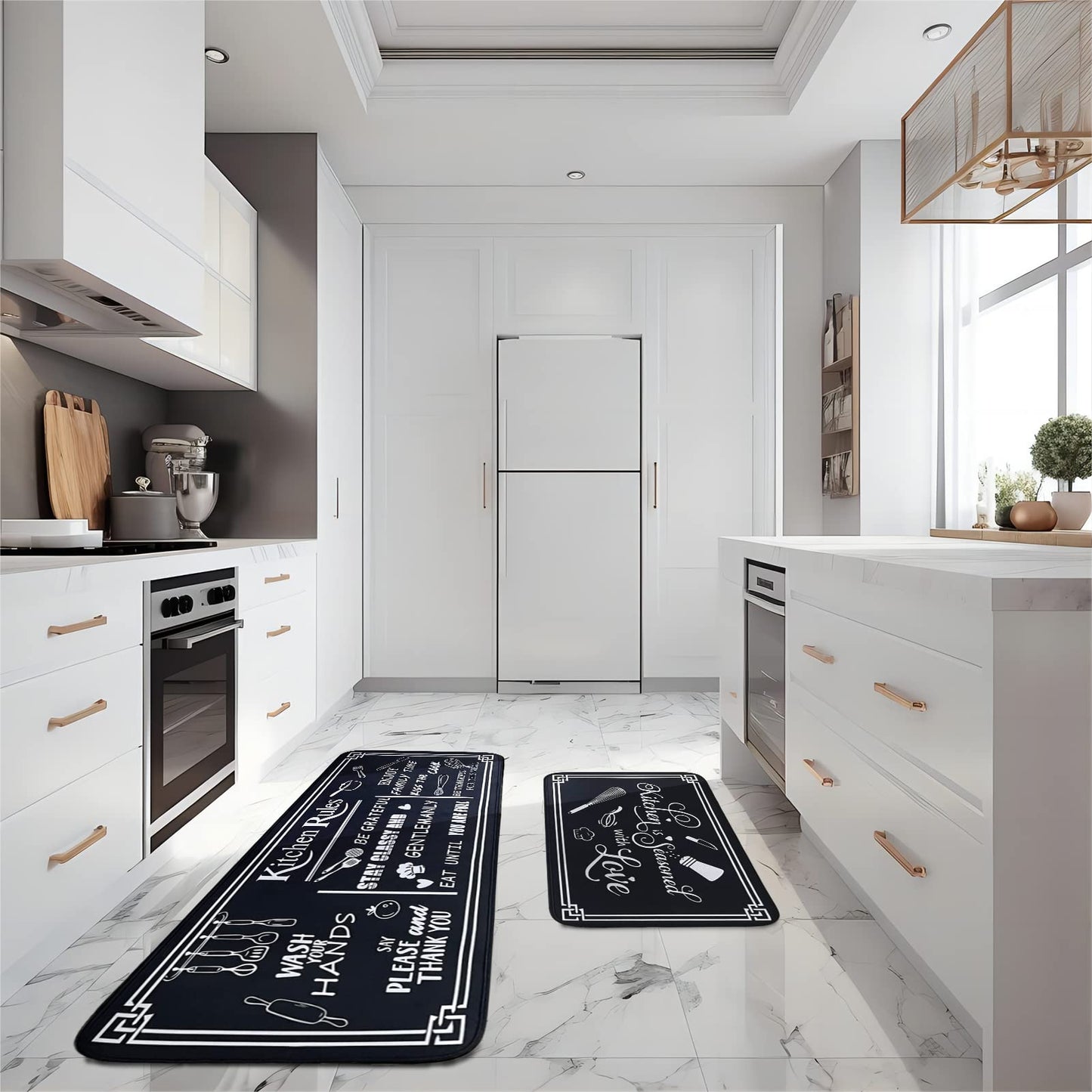 Voanos Black and White Kitchen Rugs,Non Skid Washable Microfiber mats for Kitchen Floor,Kitchen Rules Theme Cushioned Runner Rug Decor Sets of 2,Size 17"x 47"+17"x 30"