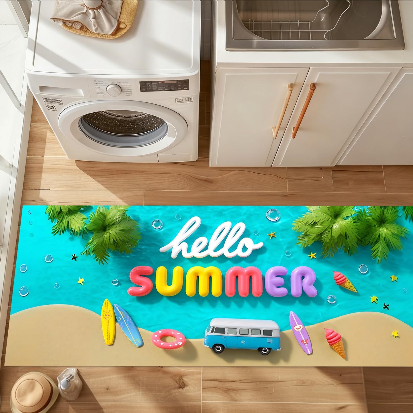 LEIWEIHOPE Hello Summer Summer Runner Rug 20x47 inch Non-Slip Waterproof Laundry Room Rug Kitchen Runner Bathroom Mat with Festive Designs,Outdoor Indoor Entryway Floor Mat Home Decor