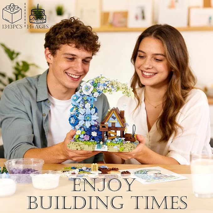 Moon Flower Building Set 1343 PCS Mini Bricks Building Sets Moon Flower Bouquet Fairy Cabin Mini Blocks Building Botanical Collection Set for Home Decor