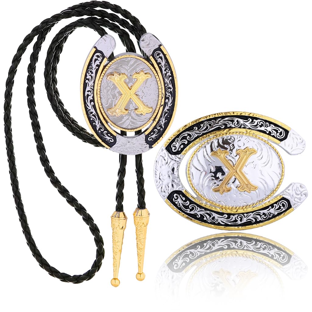 Btilasif 2 Pieces Western Cowboy Belt Buckle Bolo Tie Set Initial Letters A-Z Golden Rodeo Cowgirl Leather Necktie Costume Accessories Gifts for Men Women Halloween Christmas Wedding (X)
