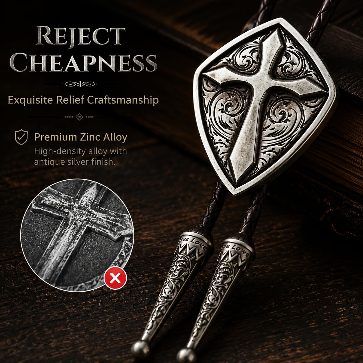 Doitby Vintage Bolo Tie Western Cowboy Cross Bolo Ties Leather Braided Necktie Necklace for Men Women