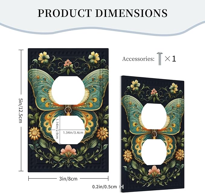 Butterfly Ornate with Flower Light Switch Cover 1 Gang Outlet Plate Single Duplex Wall Plate Covers Decorative Switchplate Covers Electrical Faceplate for Home Decor