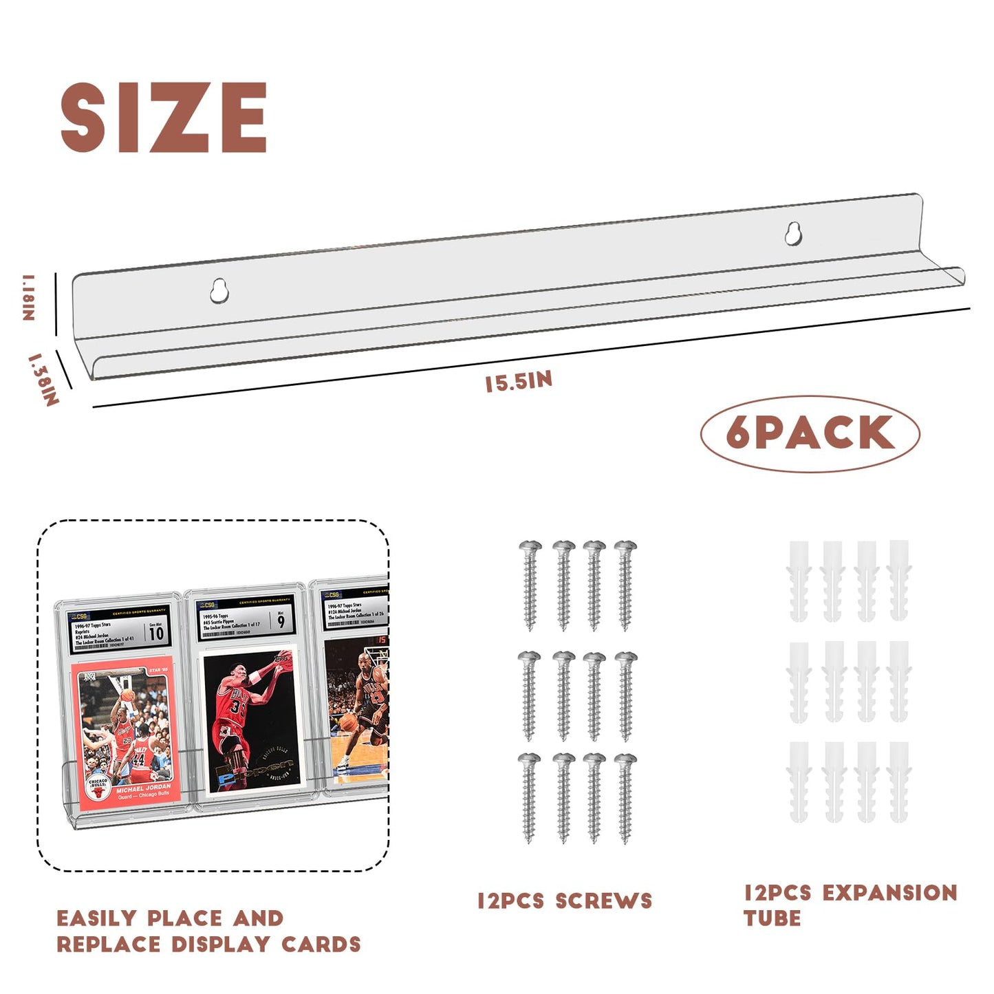 6 Pack Sport Card Display Shelf for Wall - Hold Up to 30 Trading Cards, Acrylic Sport Card Display Rack for PSA SGC BGS Graded Trading Slabs