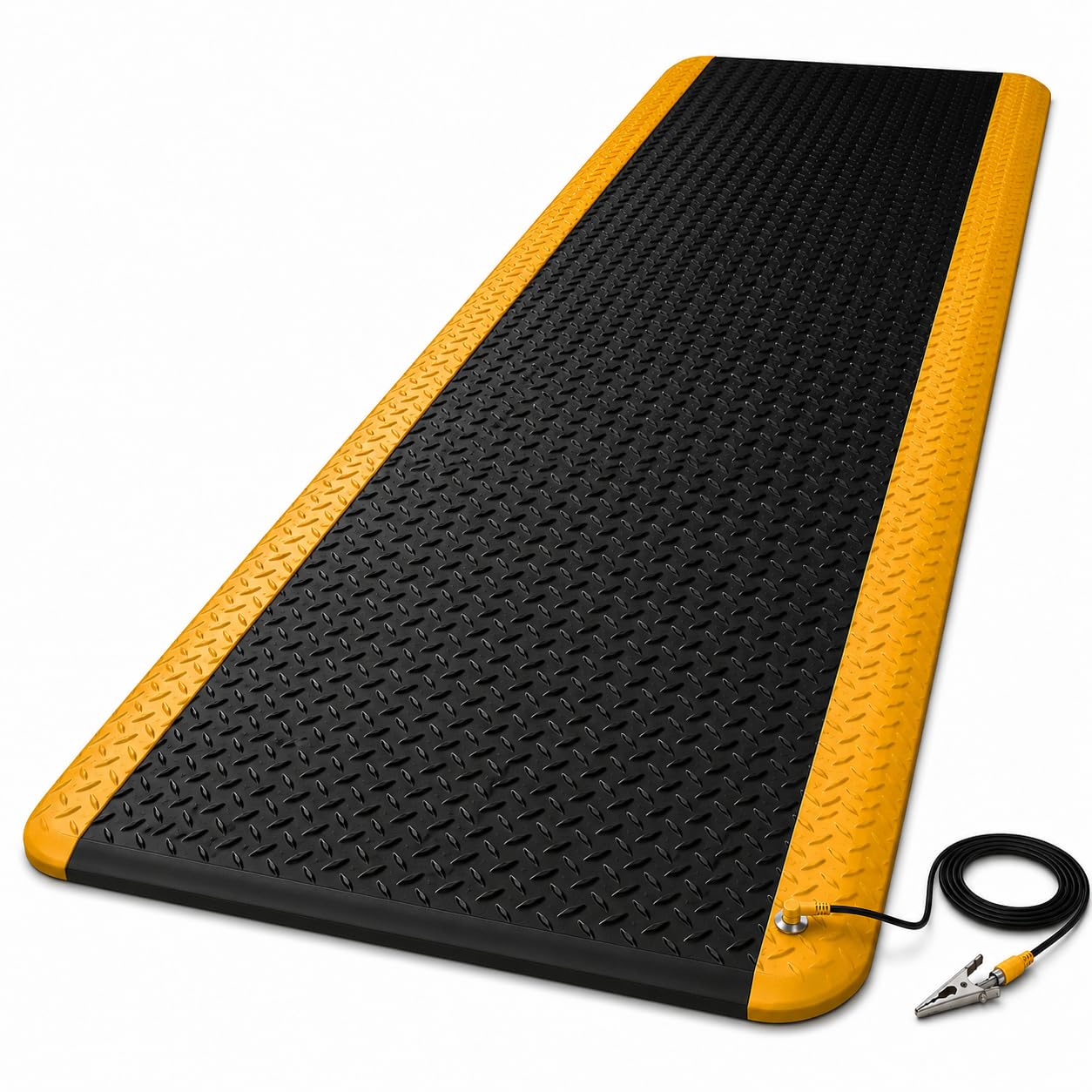 3' x 12' ESD Anti-Fatigue Conductive Mat, Durable Heavy Duty Diamond Plate, Soft Sponge Ergonomic Mat, Non Slip Waterproof Floor Mats for Commercial&Industrial Work Thick 3/4” Black with Yellow Border