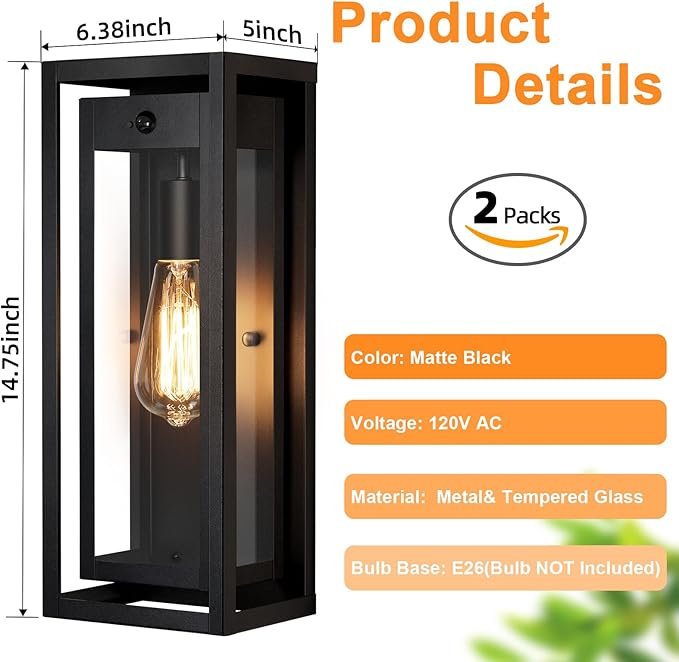 15" Motion Sensor Outdoor Wall Lights, 2 Pack Large Dusk to Dawn Outdoor Lights, 3 Lighting Modes Waterproof Anti-Rust Wall Sconces, Exterior Lighting Fixtures for Front Door, Porch, Garage