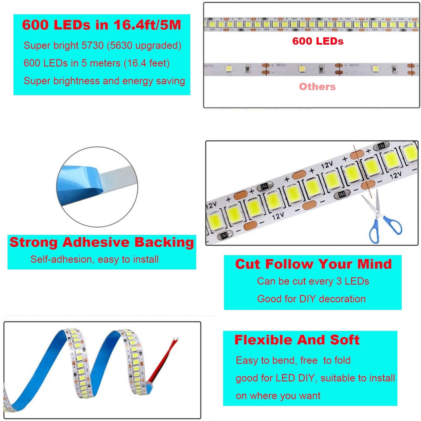 HAASHADA LED Strip Lights, DC12V 5m/16.4ft Dimmable SMD 5730 (5630 Upgraded) Super Bright 600LEDs 28000LM LED Ribbon Lights Strip Non-Waterproof, 2 Times Brighter Than 3528, Blue