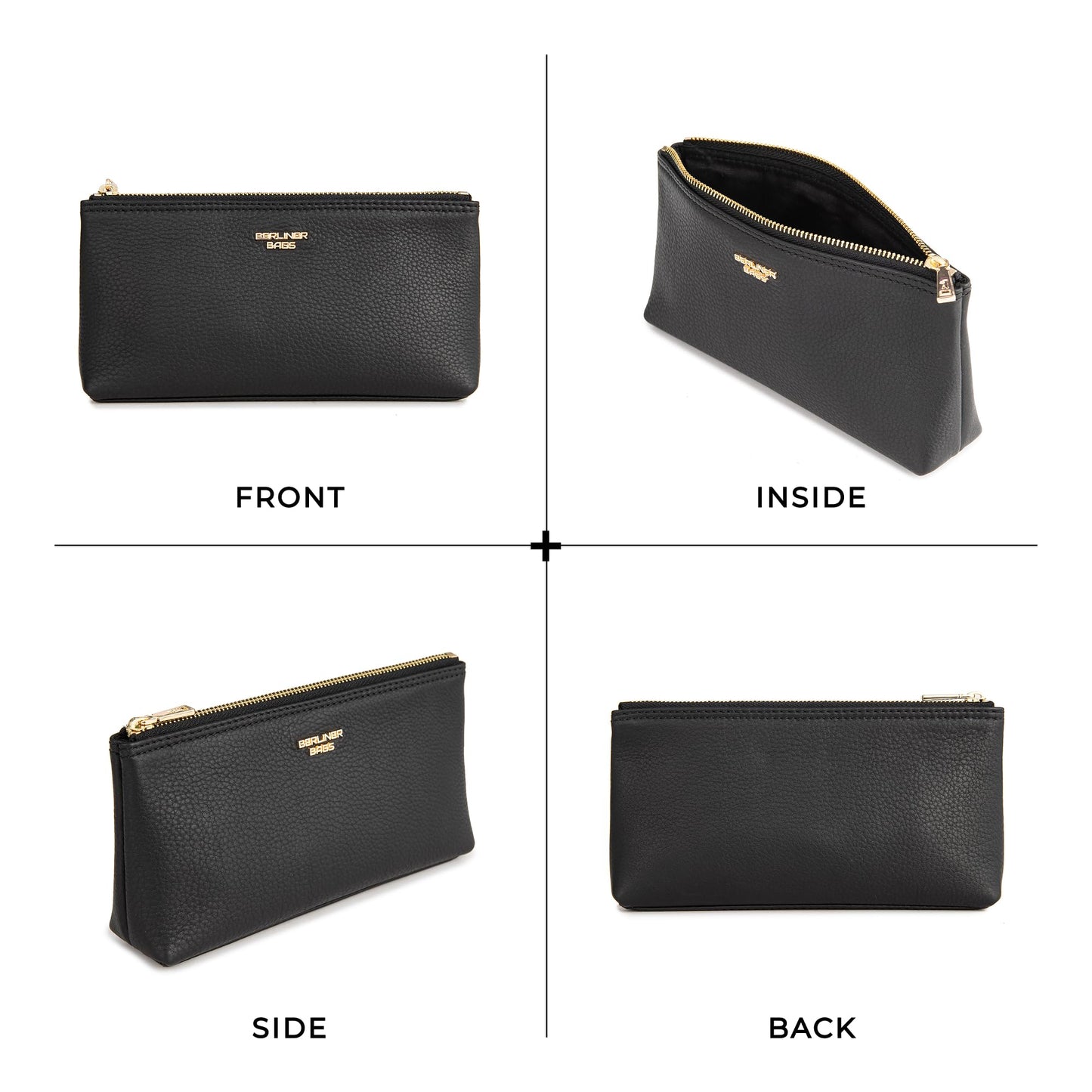 BERLINER BAGS Premium Genuine Leather Makeup Bag Anna, Cosmetic Bag for Purse, Travel and Cosmetics Pouch with Zipper for Women- Black