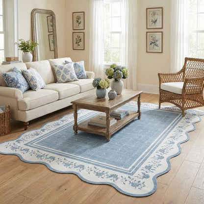 Garvee Washable Rugs for Living Room 8x10 Area Rugs for Bedroom Scalloped Rug Modern Bordered Non Slip Large Kids Bedroom Carpet Indoor Stain Resistant Floor Cover for Dining Room Office Nursery Blue