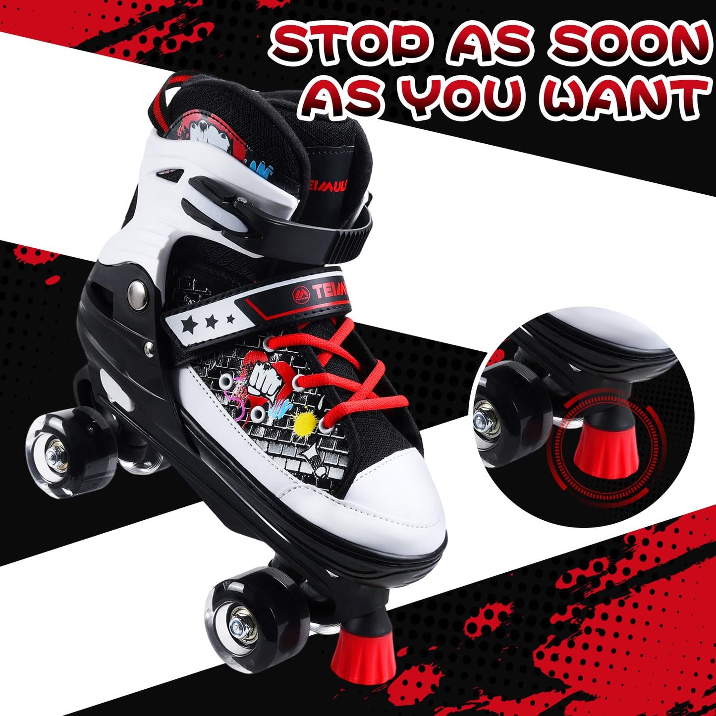 Kids Roller Skates, 4 Size Adjustable Quad Skates with All Light Up Wheels, 10C to 8 Rollerskates for Toddlers, Beginners, Boys, Girls, Outdoor, Indoor, Black, Large