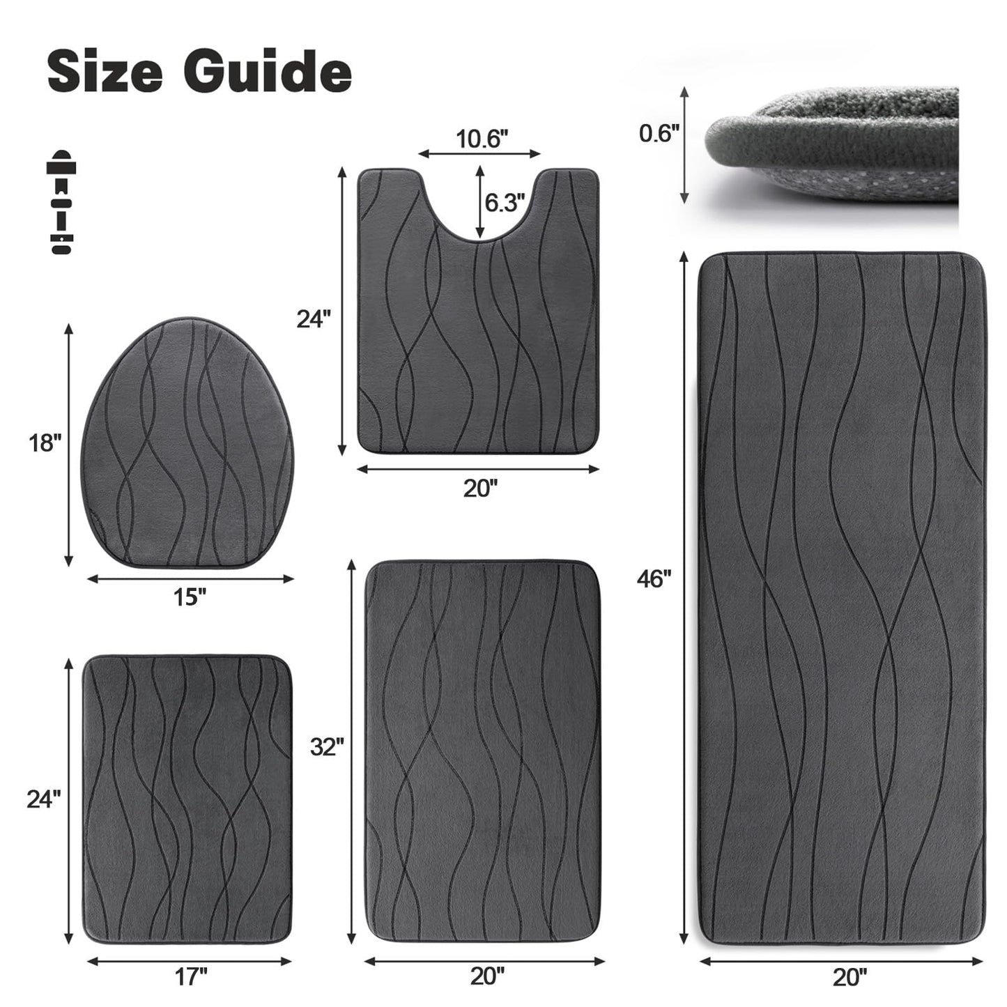 YIHOUSE Memory Foam Bathroom Rugs Sets, Dark Grey, 5 Piece