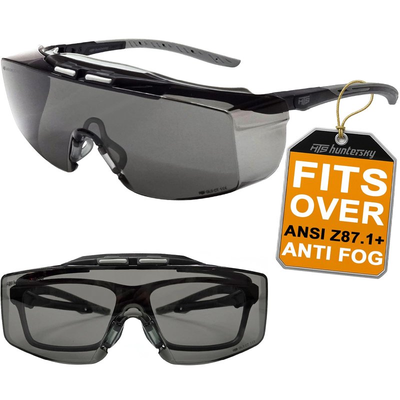 HTS HUNTERSKY 3906 ANSI Z87.1+ Anti Fog Lab Over Eyeglasses Safety Glasses Smoke Tinted Impact Resistant Lens Integrated Side Shields UV Protective OTG Goggles