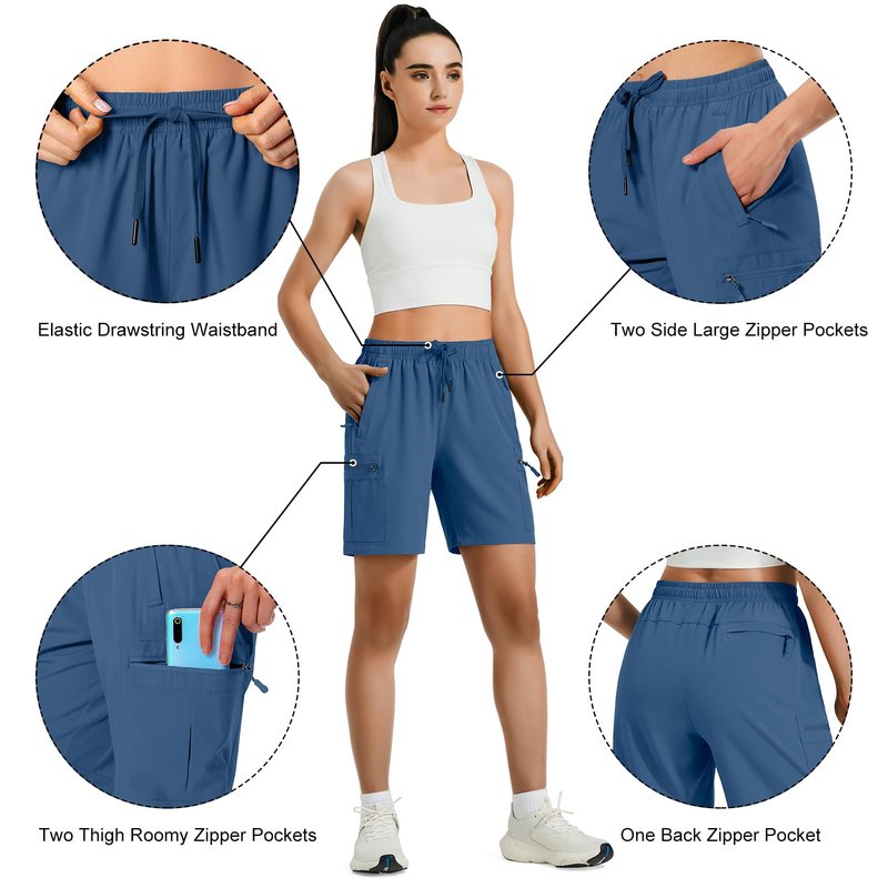 Hugut Women's Lightweight Hiking Cargo Shorts Quick Dry Athletic Shorts Camping Travel Golf Zipper Pockets Water Resistant Blue