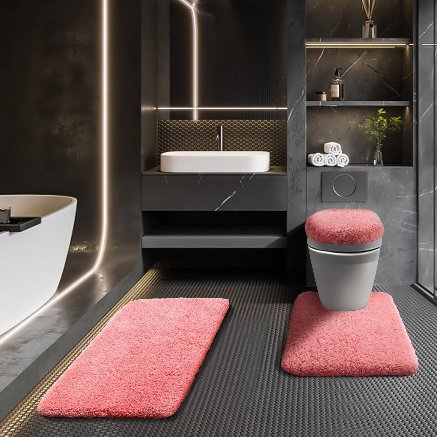 Baahrnom Bathroom Rugs Sets 3 Piece with Adjustable Toilet Seat Cover 17.5"x 15" Machine Washable Bath Rug Set with TPR Non Slip Rubber Backing Solid Bath Mat Set for Luxury Bathroom Decoration