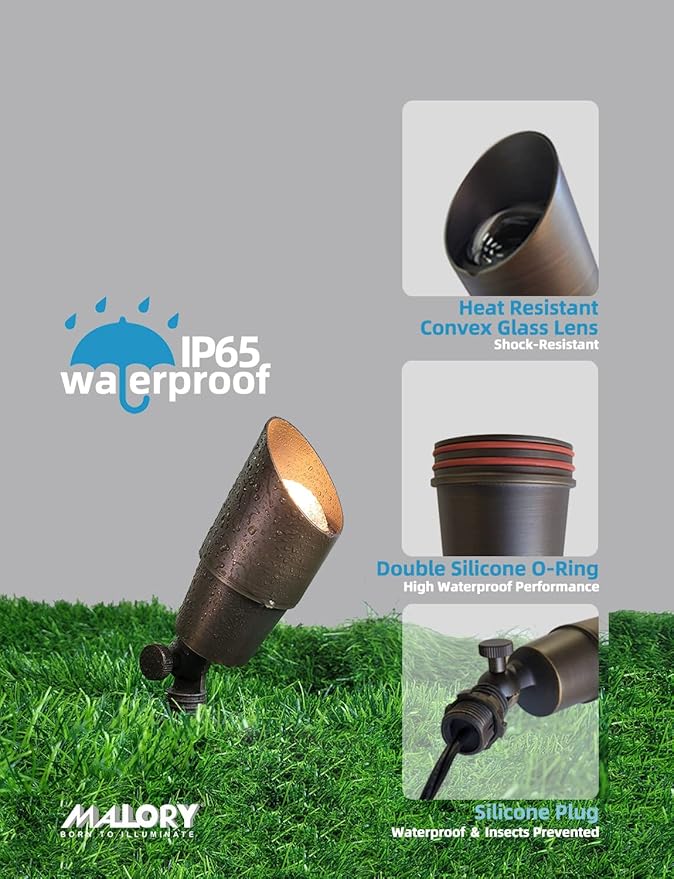 MALORY Brass Landscape Spotlight 4-Pack with Bulb(S01), Low Voltage 12V AC/DC LED Outdoor Landscape Lighting,PVC Ground Stake and Wire Connector Included, Garden Patio Trees Spot Uplight