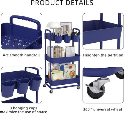JIUYOTREE 3-Tier Plastic Rolling Storage Cart Utility Cart with Extra Hanging Cups Handles Lockable Wheels for Living Room Bathroom Kitchen Office Blue