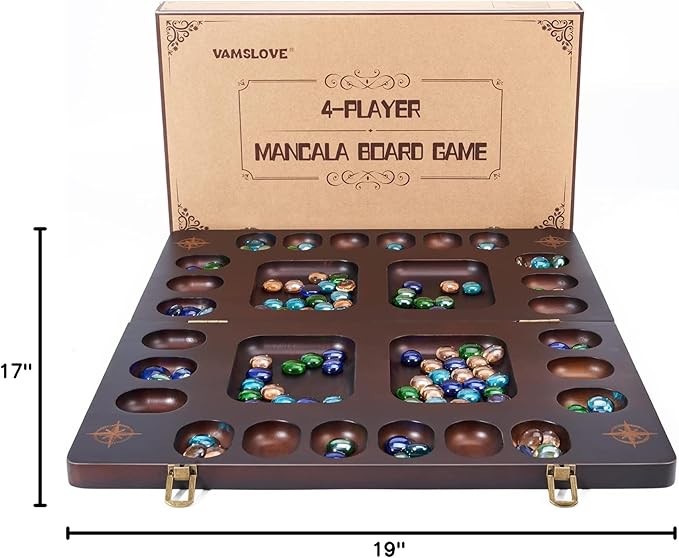 VAMSLOVE Mancala 4 Player Board Game Set Luxury Solid Wood Folding Mancala Board 96+12 Bonus Multi Color Glass Stone Beads Game Instructions Included