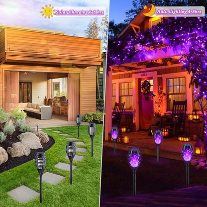 KYEKIO 16Pack Purple Halloween Yard Decorations Outside, Solar Powered Outdoor Lights with Flickering Flame for Outside Halloween Decorations, Solar Garden Lights Outdoor Waterproof for Patio Decor