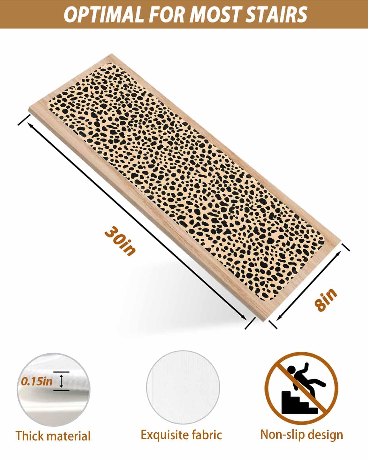 Leopard Textured Stair Treads for Wooden Steps Indoor, 7 Pack Non Slip Carpet Stair Treads for Kids Elders and Dogs with Reusable Adhesive, 8x30 inch Step Mats Modern Animals Printed Black Brown