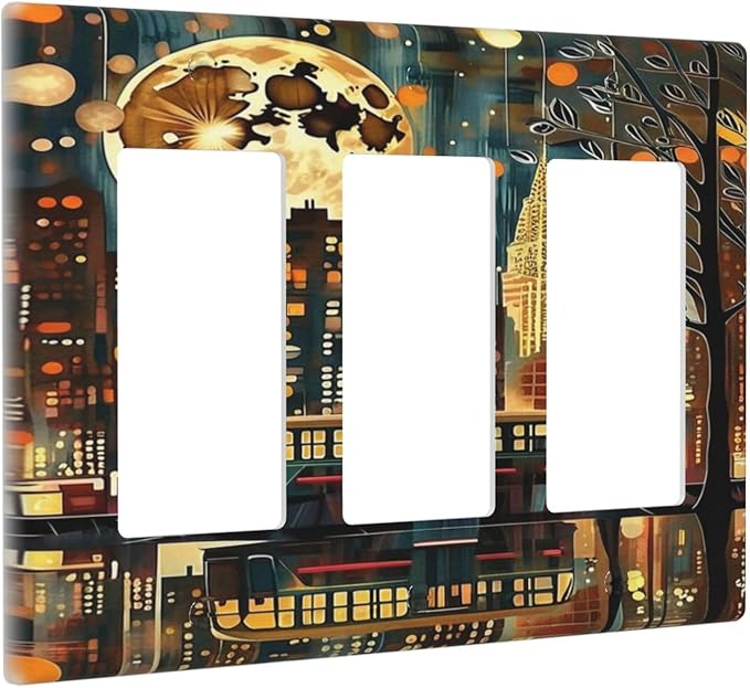 City Light Moon Bus Abstract Art 3 Gang Rocker Triple Outlet Wall Plate Decorative Switchplate Cover Faceplate GFCI Light Switch Covers for Farmhouse Living Decor