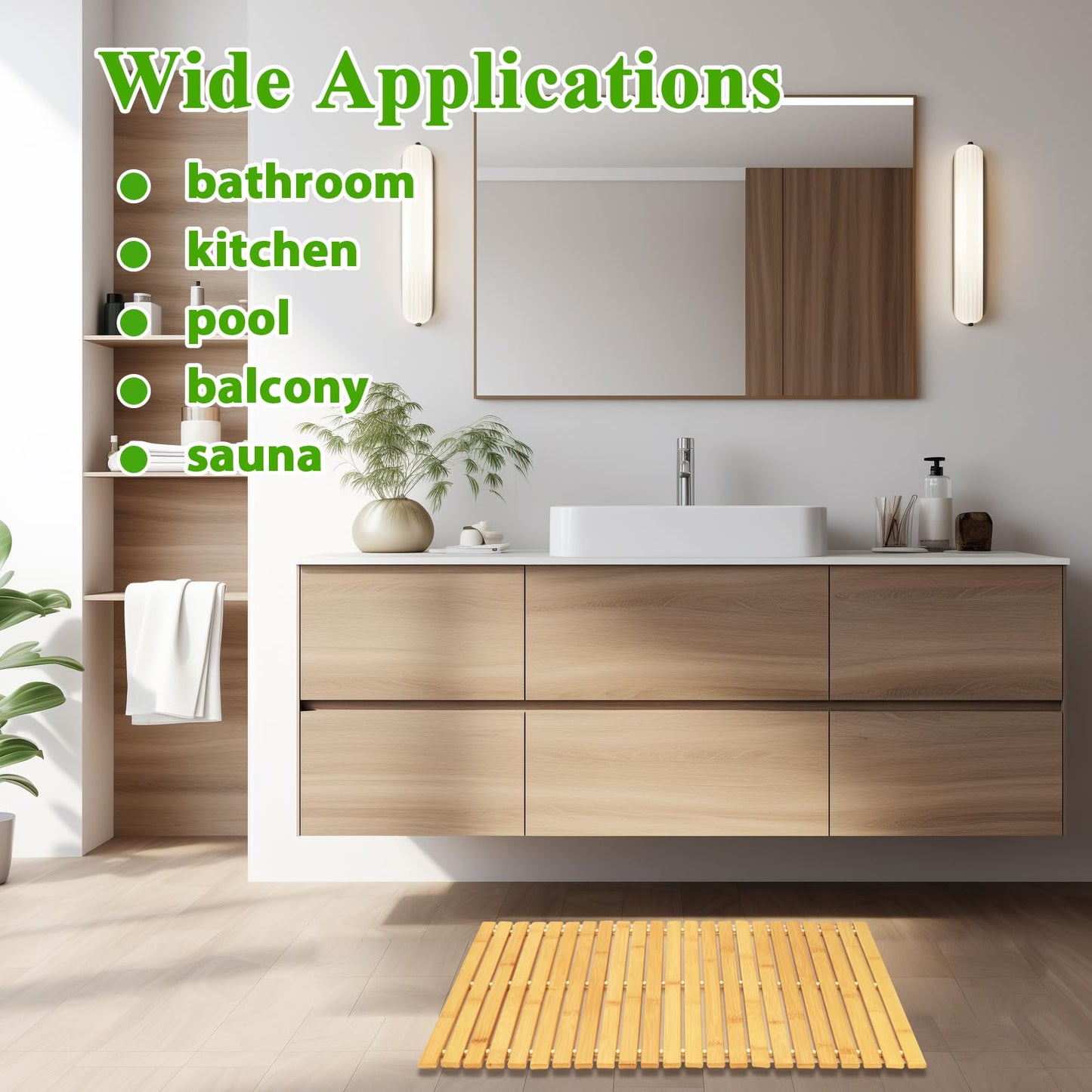 QTLCOHD 2 Pcs Bamboo Bath Mat, Wood Shower Bathroom Mat, 16 x 24 Inch