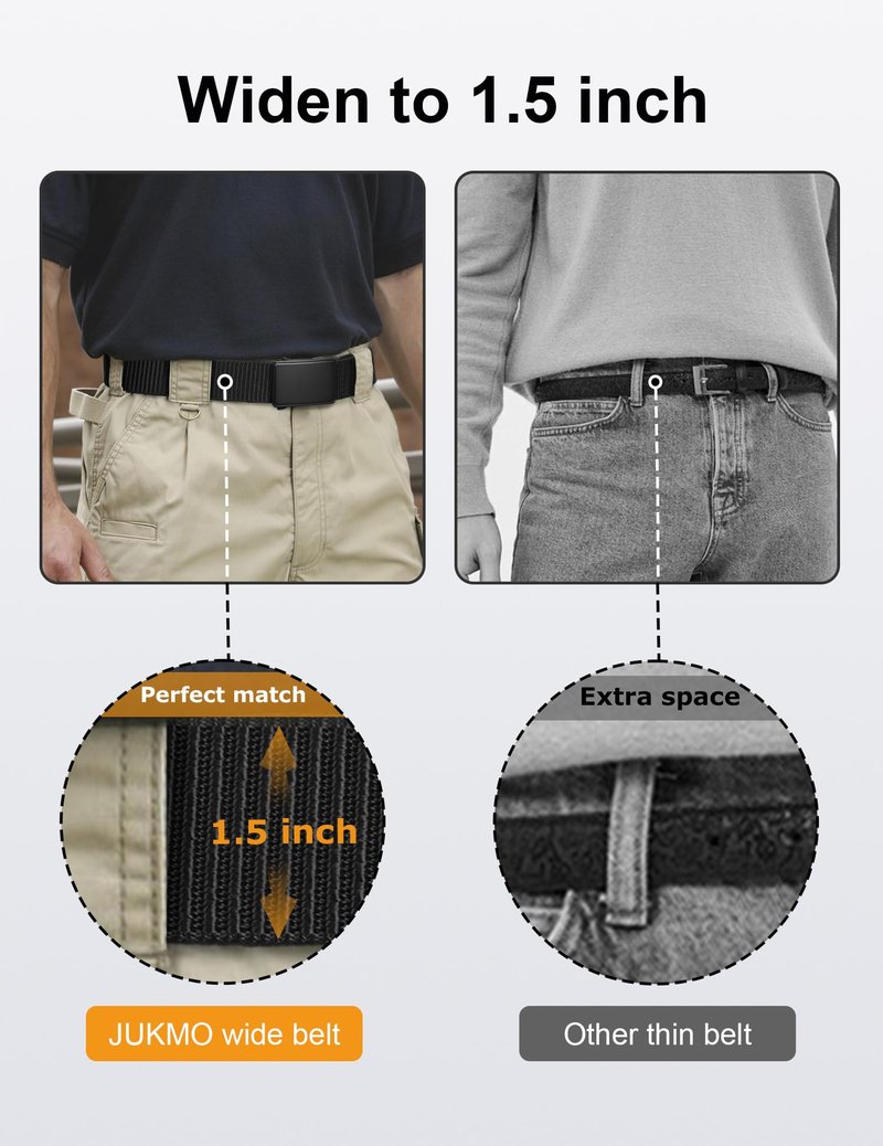JUKMO Men's 1.5" Nylon Ratchet Belt, Casual Web Click Tactical Belt with Slide Buckle for Jeans, No Holes Adjustable Trim to Fit(Black,Medium)