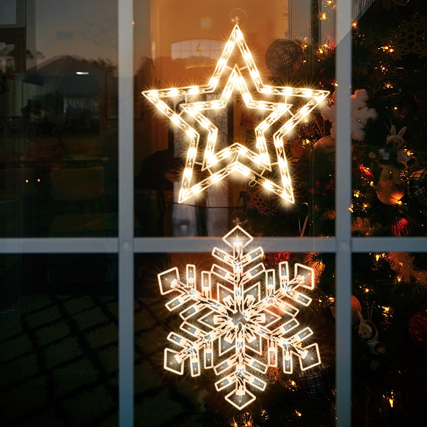 Xmasnova 2 Pack Christmas Window Lighted Decorations,Christmas Window Silhouette Lights,Double Side Sign Lamp Decoration for Holiday Indoor Wall Door Glass Decorations,Star，Snowflake