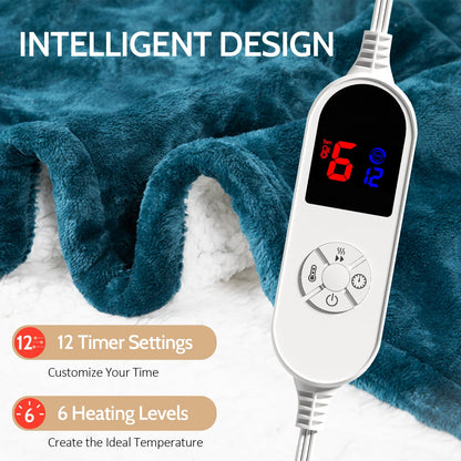 HOW'S MY HOUSE Heated Blanket Throw 50" x 60", Electric Blanket with 12 Time Settings & 6 Heating Levels, Over-Heat Protection, Flannel Sherpa Super Cozy with ETL Certification, Gray