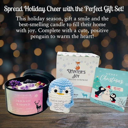 Moira's Bazaar Winter's Joy Gift Set –16 Oz 50 Hr Scented Candle with Crystals & a Crochet Positive Penguin | Christmas, Holiday, or Motivational Gift, Artisanal Luxury Fragrances (Lavender Dreams)