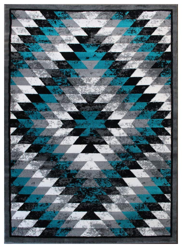 Masada Rugs, Stephanie Collection Area Rug Southwest Native American Distressed Design 1106 Turquoise Grey White Black (8 Feet X 10 Feet)