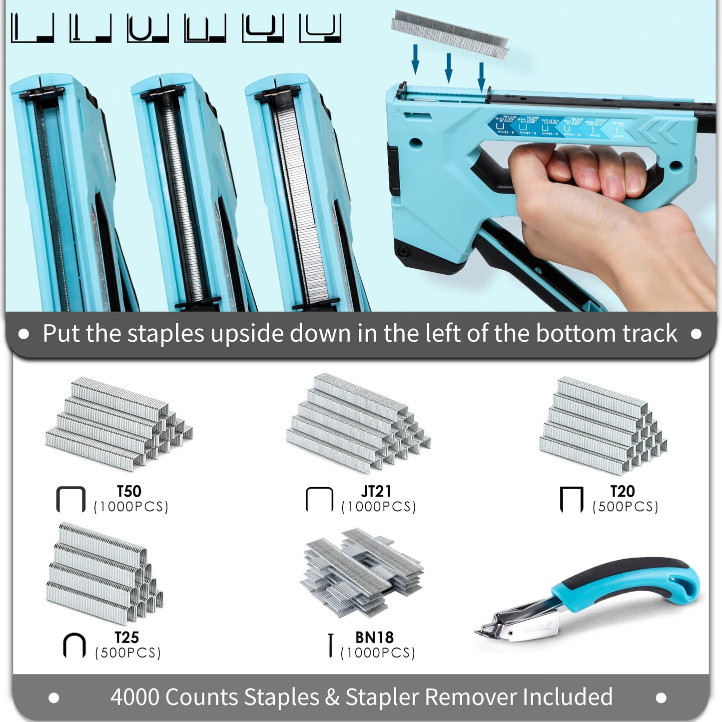 SHALL 6-in-1 Staple Gun Heavy Duty - Upholstery Stapler Nail Gun with 4000 Counts Staples, Manual Brad Nailer with Staple Remover for Wood, Crafts, Fabric, Cable, Wall, Decoration, Furniture