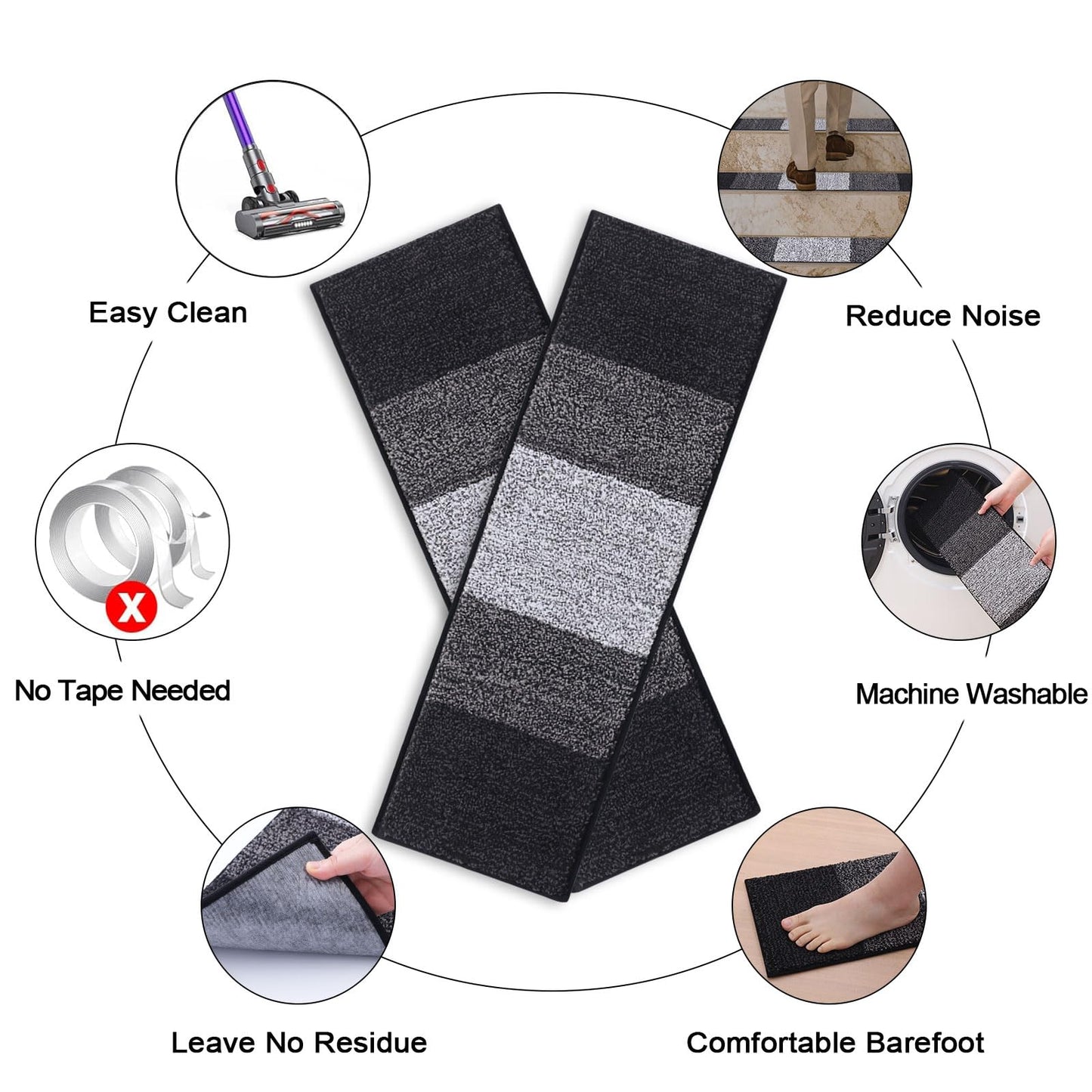 OLANLY Stair Treads Non Slip 10PCS, 8" x 30" Indoor Stair Runners for Wooden Steps, Edging Stair Rugs with Reusable Peel and Stick Adhesive for Kids Elders and Pets, Black