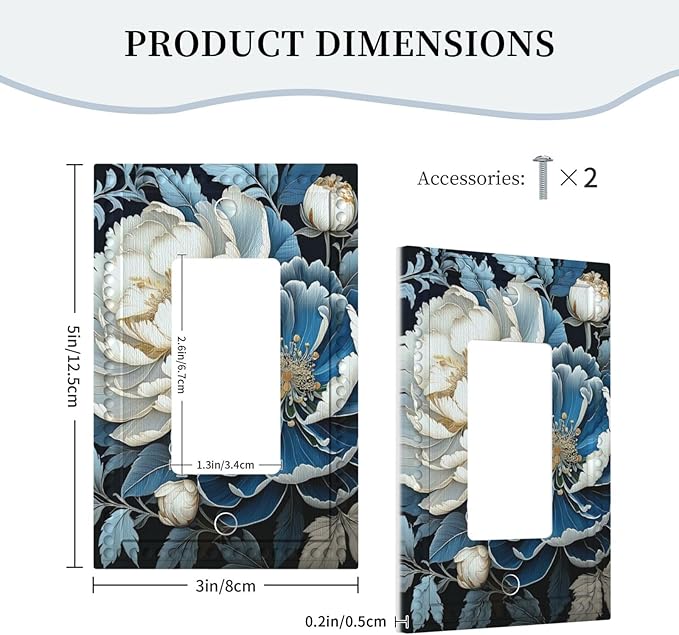White Blue Flower Peonies Single Decora Outlet Wall Plate 1 Gang Rocker Decorative Switchplate Faceplate GFCI Light Switch Covers for Home Living Decor