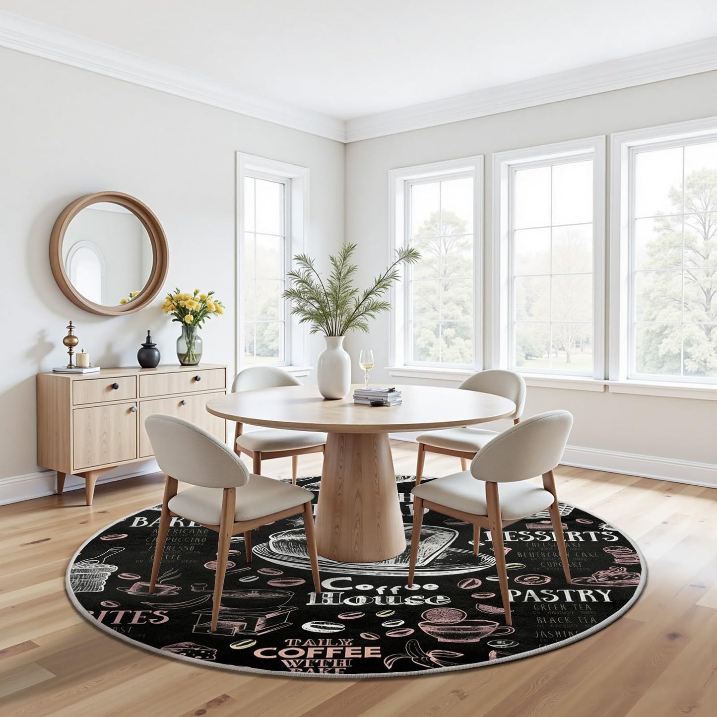 Egljss 5ft Round Rug Non Slip, Coffee Bean Bread Round Carpet for Living Room, Black and White Circle Area Rugs for Bedroom, Coffee Cup Circle Rug Washable for Dining Table Kitchen