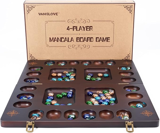 VAMSLOVE Mancala 4 Player Board Game Set Luxury Solid Wood Folding Mancala Board 96+12 Bonus Multi Color Glass Stone Beads Game Instructions Included