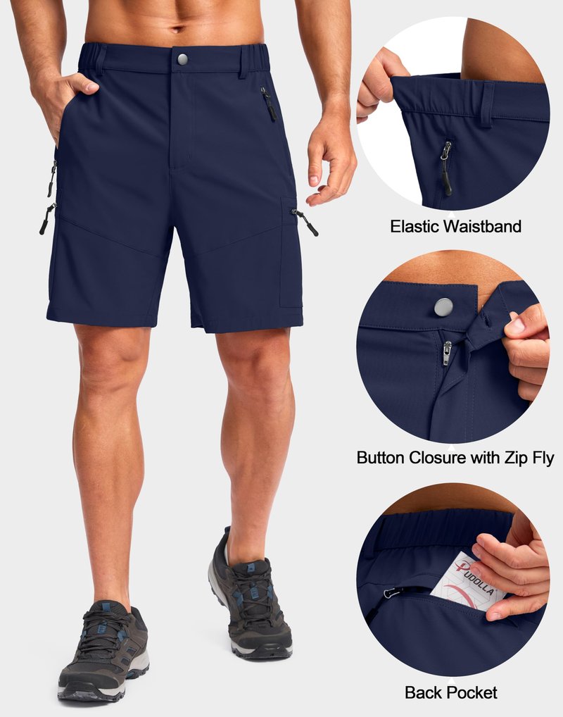 Pudolla Men's Hiking Cargo Shorts Lightweight 7" Travel Casual Shorts for Men Golf Work Outdoor with 5 Zipper Pockets(Navy 3X-Large)
