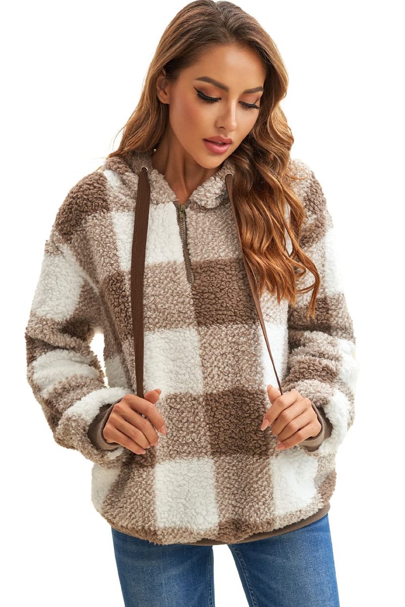 ReachMe Womens Oversized Sherpa Pullover Hoodie with Pockets Fuzzy Fleece Sweatshirt Plaid Fluffy Jacket Coat(B0 Khaki,XL)