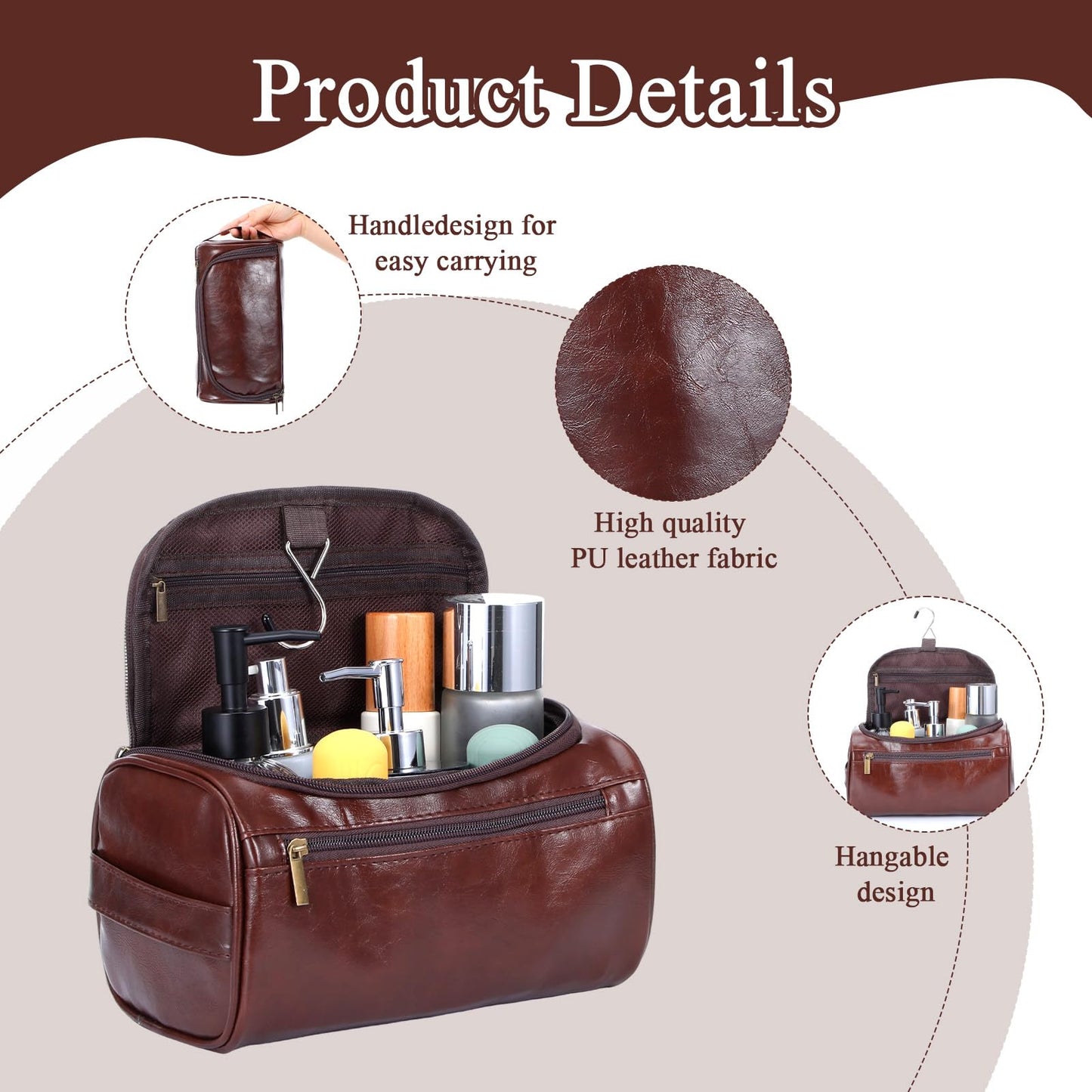 Hpmjz 5pcs Personalized Leather Toiletry Bag for Men Travel Shaving Bag with Hanging Hook Waterproof Kit Cosmetic bags Water-resistant Shaving Bag for Toiletries Accessories Travel Essentials Gifts